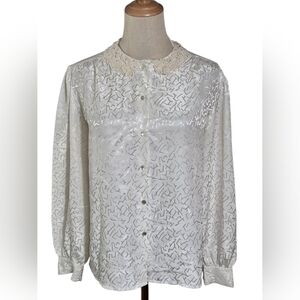 Notations Vintage Ivory Patterned Blouse with Crochet Collar